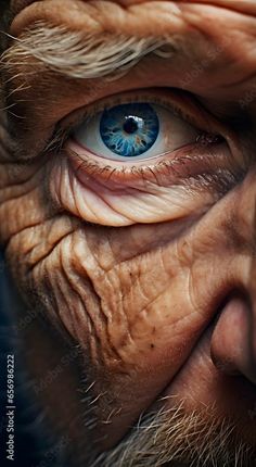 an old man's eye with wrinkles and blue iris in the center is shown