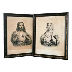 two framed pictures of jesus and mary with gold trimmings on the edges, each holding a heart