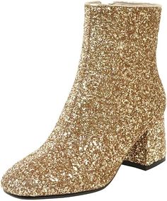 Amazon.com | MAVMAX Women's Sequin Glitter Ankle Boots Chunky Heels Sparkly Booties, Gold | Ankle & Bootie Glitter Ankle Boots, Sparkle Boots, Heels Sparkly, Autumn Shoes Women, Chunky Ankle Boots, Low Heel Ankle Boots, Concert Outfit Ideas, Dress Booties, Ankle Boots Women