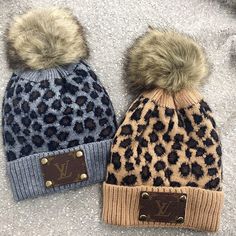 Upcycled Pom Beanie hat Gray Leopard or Tan Leopard Fur pom pom beanie with 100% authentic up cycled LV canvas stitched patch Sugar Boutique - ships from Shawnee, KS Family run boutique - ❤ Shipping and return info - https://www.sugarboutiquekc.com/pages/shipping-returns Upcycled Lv, Gucci Bucket Hat, Fashion Beanie, Patch Beanie, Fur Pom Pom Beanie, Stitch Patch, Authentic Louis Vuitton Bags, Packable Hat, Straw Fedora Hat