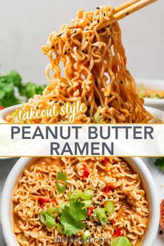 a bowl of peanut butter ramen with chopsticks sticking out of the noodles