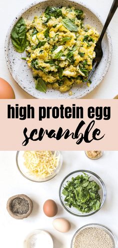 high protein egg scramble on a plate with eggs, spinach and other ingredients around it