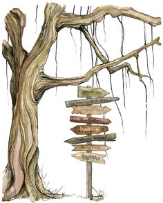 a drawing of a tree with many signs attached to it's trunk and branches