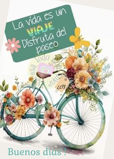 an image of a bicycle with flowers on the front and back wheel, in spanish