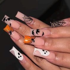 Holloween Nails Acrylic Almond, Fall Nails 2024 Pumpkin, Hallow Nail Designs, Spooky Nail Designs Coffin, Halloween Short Gel Nail Designs, Cute October Birthday Nails, Early Halloween Nails, Cute Long Halloween Nails, Ghost Pumpkin Nails