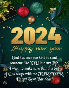 a happy new year card with gold lettering and ornaments on green background, in the shape of a christmas tree