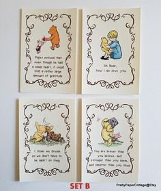 four winnie the pooh cards with quotes on them