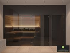 an empty room with some lights on the ceiling and glass doors in front of it