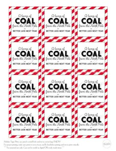 red and white candy bar labels with the words,'happy new year coal '