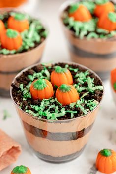 pumpkin patch dirt cups with green sprinkles