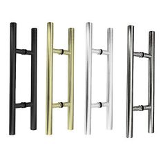 four different types of door handles in various colors and sizes, including black, gold, silver