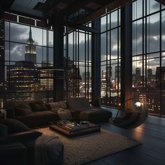 a living room filled with furniture and large windows overlooking the city at night in dark colors