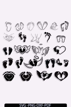 the silhouettes of footprints and hearts are shown in this graphic file, as well as an