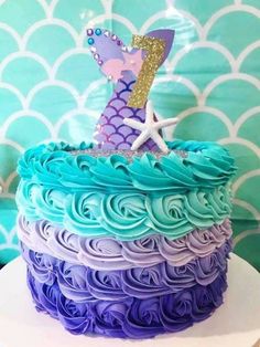 a birthday cake decorated with blue and purple icing