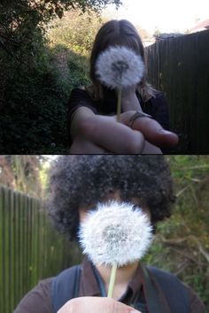 a person holding a dandelion in front of their face and the other side