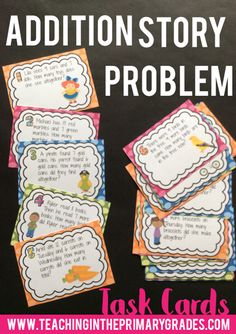 four task cards with the words addition story problem written on them, in front of a black background