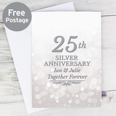 the 25th anniversary card is shown with silver foil on it and has an envelope that says 25