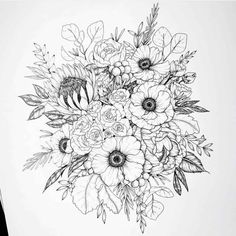 a black and white drawing of flowers