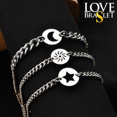 Couple bracelets with connectors (charms) in the form of the Moon, Sun, Star and magnets in the form of a HEART! ✦ D E T A I L S  * Chain - stainless steel; * Сonnectors - stainless steel; * Magnet HEART(option) - stainless steel; * Size is adjustable. Bracelets are fade resistant and waterproof!  S I Z E S ∙ O F ∙ B R A C E L E T S Woman: length - 16 cm (6.3 inch) of the main chain and plus 5 cm (1.97 inch) of adjustment, width - 3.7 mm (0.15 inch); Men's: length - 18 cm (7.09 inch) of the main chain and plus 5 cm (1.97 inch) of adjustment, width - 6 mm (0.24 inch);  You can also measure the size of a girl's and a boy's wrist, write to us in a message, and we in turn will make bracelets individually for you)  G I F T ∙ P A C K A G I N G You can also buy our signature gift box for $5 to ma Moon Sun Star, Bracelet Couple, Bracelets Set, Moon Sun, Gift For Couples, Anime Eye Drawing, Couple Bracelets, Matching Bracelets, Surprise Gifts