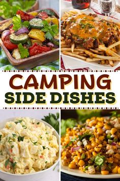 four different pictures with the words camping side dishes on them and images of various food items