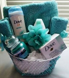 a basket filled with personal care items on top of a table