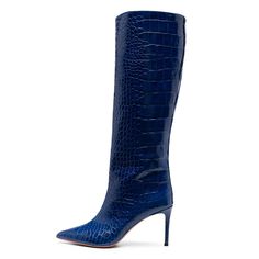 Elevate your style with these stunning Cobalt Blue Croco Embossed Knee High Boots. Featuring a pointy toe and stiletto heel, they add a bold and fashionable touch to any outfit. Color: Cobalt blue Heel Type: Stiletto heel Heel height: 3.35" / 85 mm approx Product measurements were taken using size 8. Please note that measurements may vary by size. Toe: Pointed toe The knee-high boots with stylish croco embossed upper and slip-on style design. Handcrafted US sizing. Fits true to size. Blue Pointed Toe Boots For Formal Occasions, Formal Blue Pointed Toe Boots, Formal Fitted Blue Boots, Fitted Blue Luxury Boots, Elegant Blue Boots For Formal Occasions, Elegant Blue Formal Boots, Chic Blue Formal Boots, Formal Fitted Boots With Crocodile Pattern, Fitted Crocodile Pattern Pointed Toe Boots