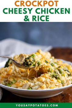 broccoli cheesy chicken and rice in a white bowl