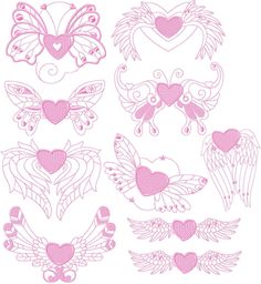 pink hearts and wings on white background