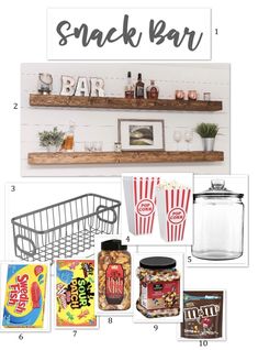 some food and drink items are arranged on top of a shelf with the words snack bar above them