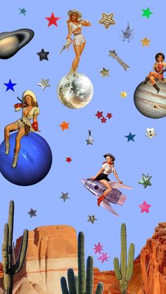 an image of a woman sitting on top of a ball surrounded by stars and planets