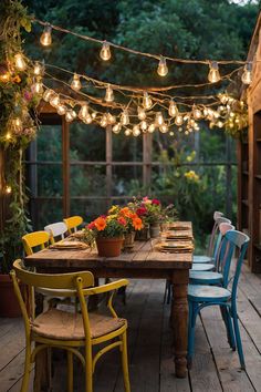 a wooden table topped with lots of chairs and lights hanging from it's ceiling