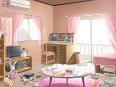 a child's bedroom with pink walls and furniture, including a bed, desk, chair, bookshelf, computer monitor and other items