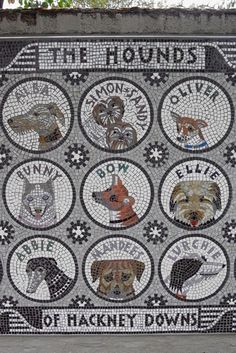 a mosaic with dogs on it and the words, hounds of hackney downy