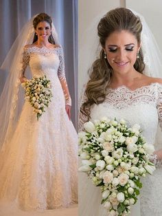 two pictures of the same woman in wedding dresses