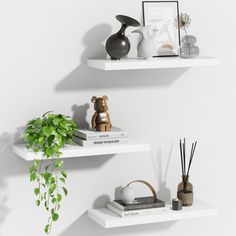 two white shelves with plants and vases on them, one has a teddy bear