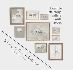 a white wall with many different pictures on it and the measurements for each frame are shown