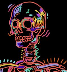 a drawing of a skeleton in neon colors