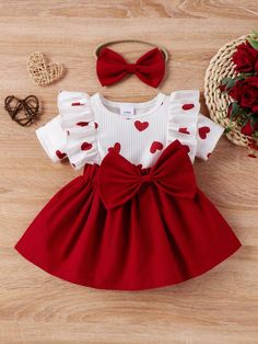 Baby Girl Heart Pattern Dress With Ruffle Striped Hem And Bow Decoration Red   Short Sleeve Fabric Geometric,Heart,Food A Line Medium Stretch  Baby Girls Clothing, size features are:Bust: ,Length: ,Sleeve Length: Woman Costumes, Heart Fruit, Baby Girls Dresses, Stitching Dresses, One Piece Clothing, Valentine Dress, Toddler Girl Outfit, Geometric Heart, Dream Baby