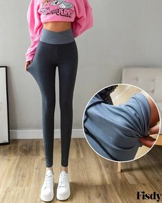 Fisdy - Premium High Waisted Yoga Pants with Contrast Paneling and Thermal Fleece Lining for Optimal Warmth Athletic Attire, Fog Blue, Warm Leggings, High Waist Yoga Pants, Velvet Pants, Pencil Pants, Custom Watch, Panel Design, High Waisted Leggings