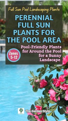 a pool with pink flowers in the foreground and a sign that says perennial plants for the pool area