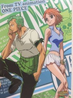 an anime poster with two people standing next to each other