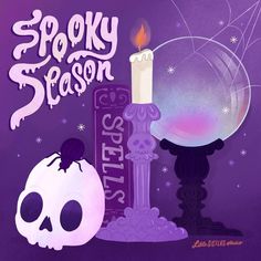 a skull next to a candle and a bottle with spooky season written on it