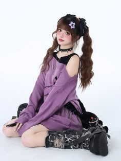 The price is for a sweater only, others are not included.  Garment Size   	 		 			Size 			S 			M 		 		 			Full Length 			72 			74 		 		 			Bust 			122 			126 		 		 			Sleeve Length 			48 			49 Showing Off Outfit Pose, Capricorn Outfits Aesthetic, Purple Clothes Aesthetic, Sweater Photoshoot, Kawaii Poses, Shoulder Pose, Menhera Kei, Cosplay Poses, Cute Pose