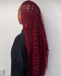 Red Braids On Red Hair, Maroon Boho Knotless Braids, Goddess Braids Different Colors, Christmas Long Hair Styles, Deep Red Braids, Boho Goddess Braids With Color, Wine Red Braids, Colored Boho Braids, Colored Goddess Braids