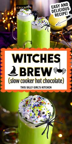 witches brew slow cooker hot chocolate recipe with halloween sprinkles in glasses