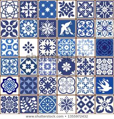 blue and white tiles with different designs