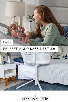 A mom putting her child in the Halo Bassinest sleeper. Bedside Sleeper, Fire Retardant, Little One, Halo, Mattress, Bundles, Nursery