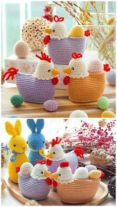 crocheted easter eggs with chickens and chicks in them