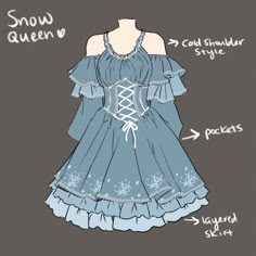 a dress with ruffled sleeves and laces on the bottom, as well as snow queen written below