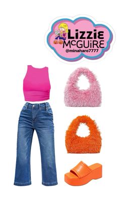 a pink top, jeans and sandals are shown with the name lizzie mcguire